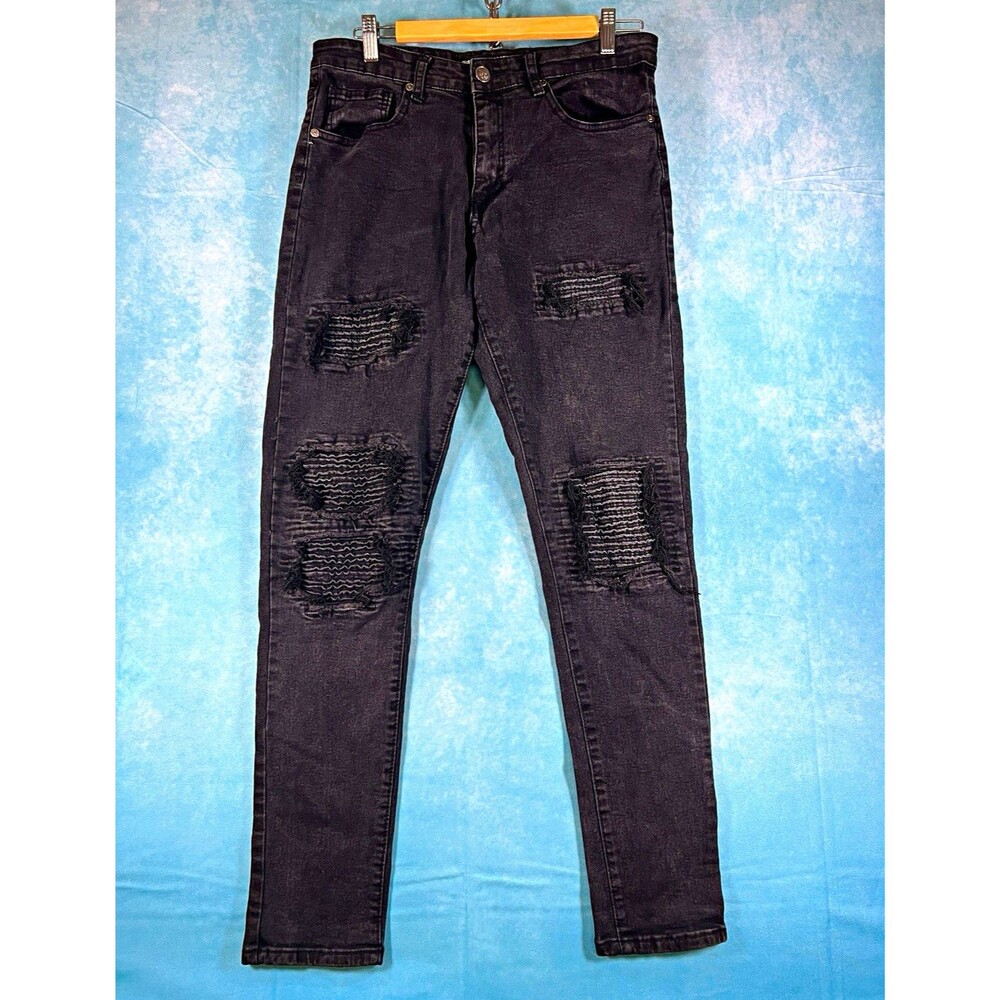 TR Premium Men's Skinny Fit Dark Wash Gray Stretch Denim Jeans Distressed Logo